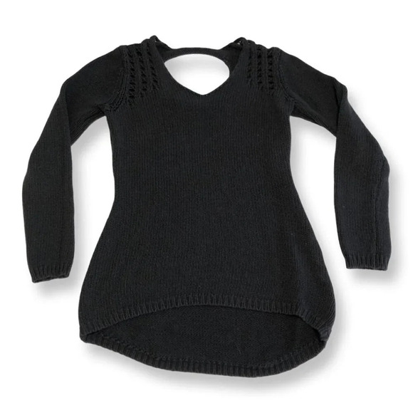 3/$25 ❥ High Low Hem V-Neck Open Back  Black Knit Cotton Sweater Size Small - Picture 1 of 7